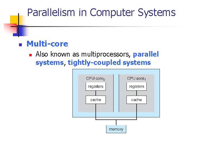 Parallelism in Computer Systems n Multi-core n Also known as multiprocessors, parallel systems, tightly-coupled