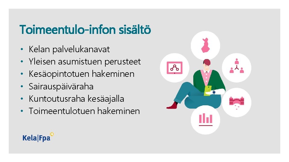 Toimeentulo-infon sisältö • • • 2 Kelan palvelukanavat Yleisen asumistuen perusteet Kesäopintotuen hakeminen Sairauspäiväraha