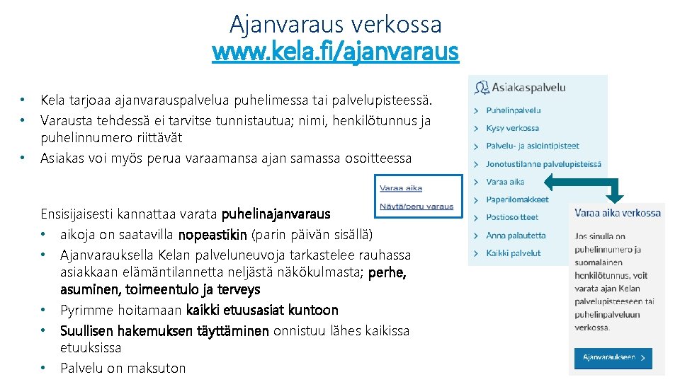 Ajanvaraus verkossa www. kela. fi/ajanvaraus • • • 6 Kela tarjoaa ajanvarauspalvelua puhelimessa tai