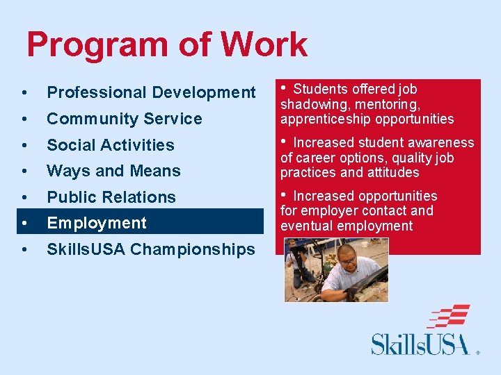 Program of Work • • Professional Development • Community Service Students offered job shadowing,