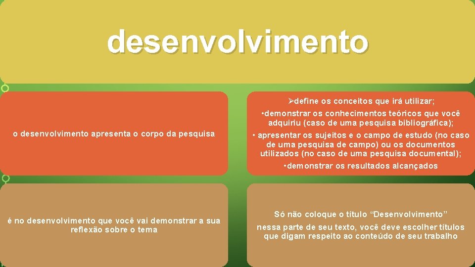 desenvolvimento o desenvolvimento apresenta o corpo da pesquisa Ødefine os conceitos que irá utilizar;