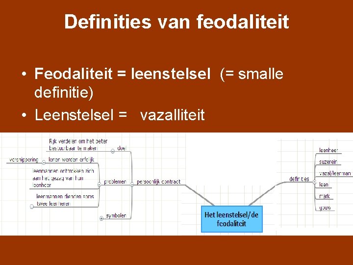 Definities van feodaliteit • Feodaliteit = leenstelsel (= smalle definitie) • Leenstelsel = vazalliteit