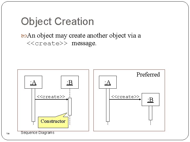 Object Creation An object may create another object via a <<create>> message. Preferred :