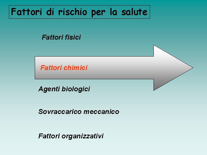 Fattori di rischio per la salute Fattori fisici Fattori chimici Agenti biologici Sovraccarico meccanico