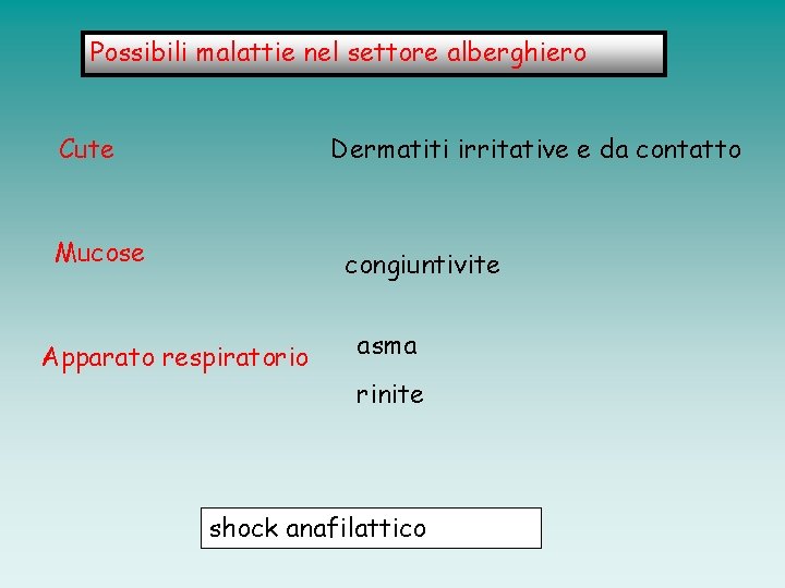 Possibili malattie nel settore alberghiero Cute Dermatiti irritative e da contatto Mucose congiuntivite Apparato