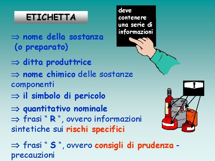 ETICHETTA nome della sostanza (o preparato) deve contenere una serie di informazioni ditta produttrice