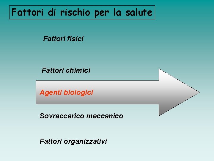 Fattori di rischio per la salute Fattori fisici Fattori chimici Agenti biologici Sovraccarico meccanico