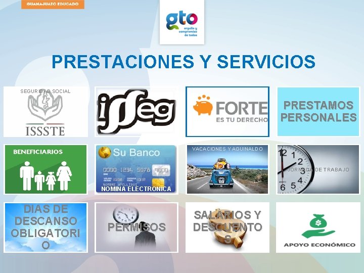 PRESTACIONES Y SERVICIOS SEGURIDAD SOCIAL PRESTAMOS PERSONALES VACACIONES Y AGUINALDO JORNADA DE TRABAJO NOMINA