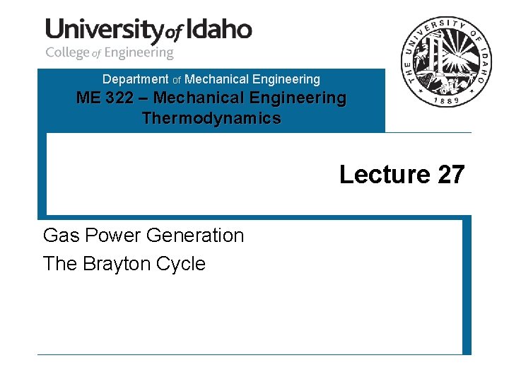 Department of Mechanical Engineering ME 322 – Mechanical Engineering Thermodynamics Lecture 27 Gas Power