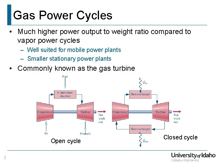 Gas Power Cycles • Much higher power output to weight ratio compared to vapor