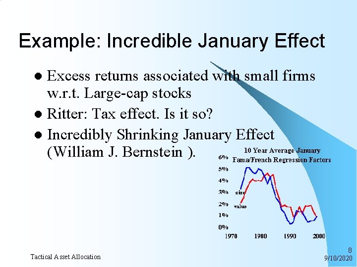 Example: Incredible January Effect Excess returns associated with small firms w. r. t. Large-cap