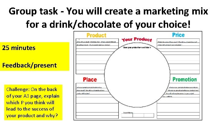 Group task - You will create a marketing mix for a drink/chocolate of your