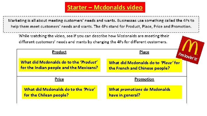 Starter – Mcdonalds video What did Mcdonalds do to the ‘Product’ for the Indian