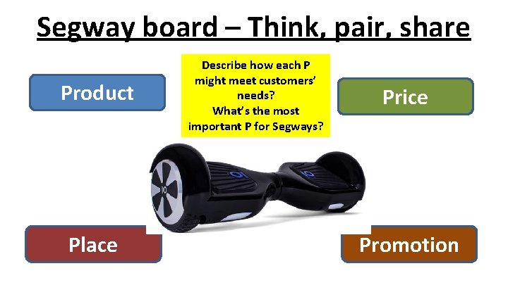 Segway board – Think, pair, share Product Place Describe how each P might meet