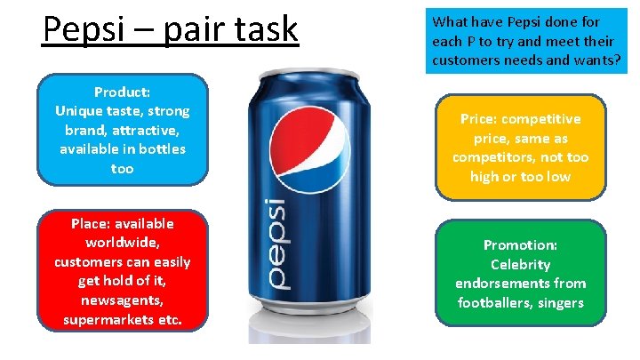 Pepsi – pair task Product: Unique taste, strong brand, attractive, available in bottles too