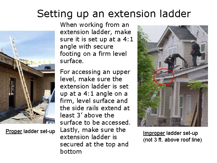 Setting up an extension ladder When working from an extension ladder, make sure it