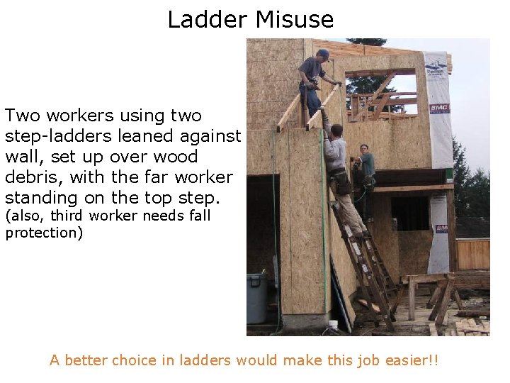 Ladder Misuse Two workers using two step-ladders leaned against wall, set up over wood