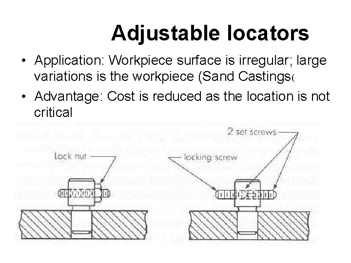 Adjustable locators • Application: Workpiece surface is irregular; large variations is the workpiece (Sand