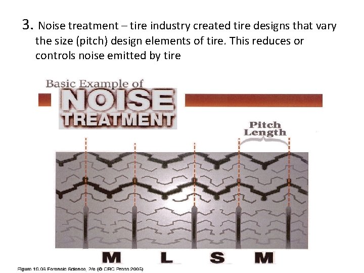 3. Noise treatment – tire industry created tire designs that vary the size (pitch)