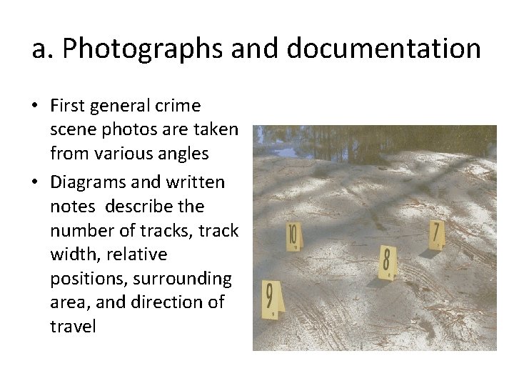 a. Photographs and documentation • First general crime scene photos are taken from various