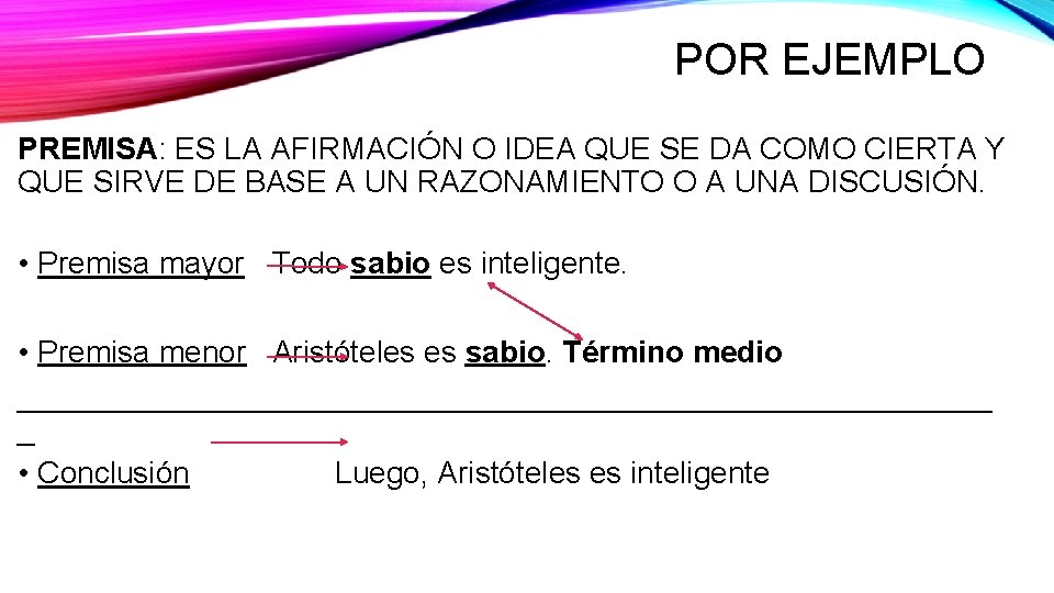 POR EJEMPLO PREMISA: ES LA AFIRMACIÓN O IDEA QUE SE DA COMO CIERTA Y