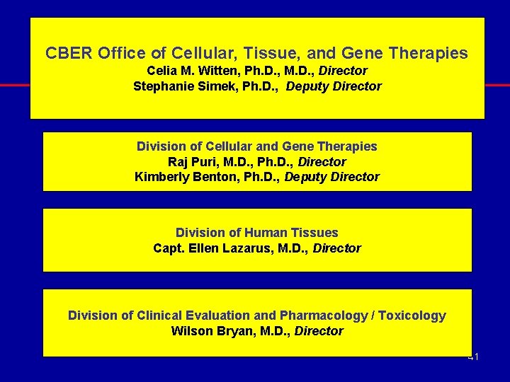 CBER Office of Cellular, Tissue, and Gene Therapies Celia M. Witten, Ph. D. ,