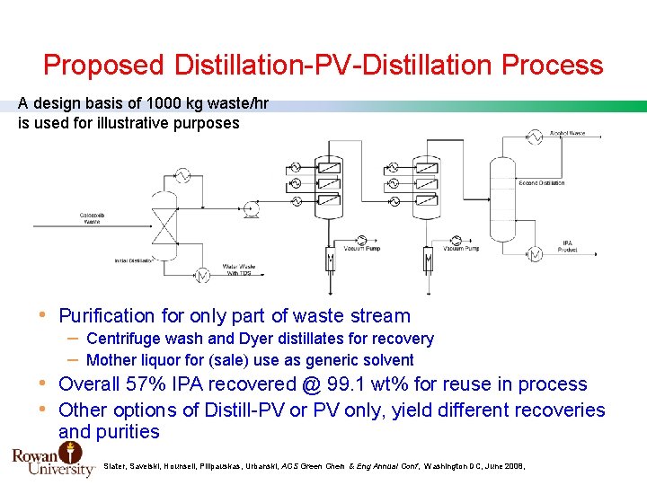 Proposed Distillation-PV-Distillation Process A design basis of 1000 kg waste/hr is used for illustrative
