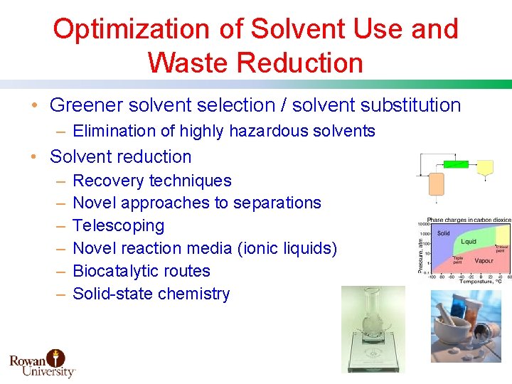Optimization of Solvent Use and Waste Reduction • Greener solvent selection / solvent substitution