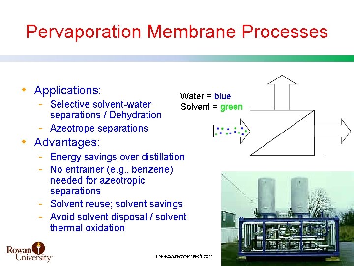 Pervaporation Membrane Processes • Applications: - Selective solvent-water separations / Dehydration - Azeotrope separations