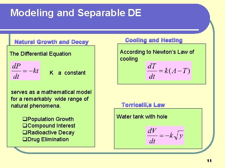 Modeling and Separable DE Natural Growth and Decay The Differential Equation Cooling and Heating