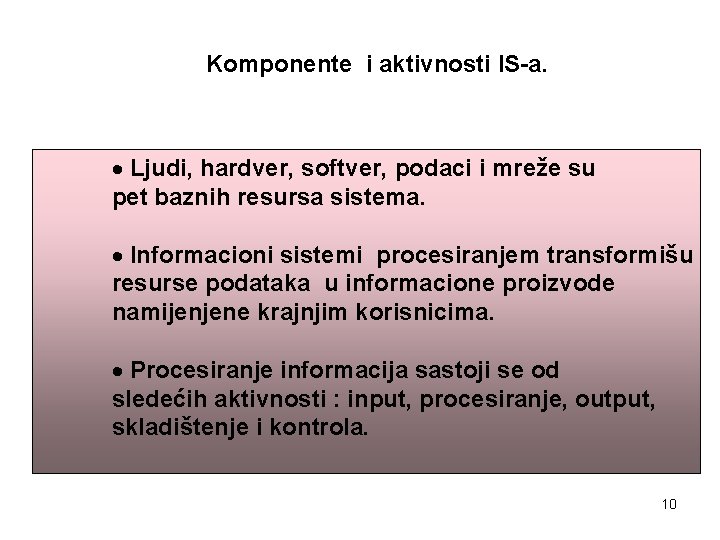 Komponente i aktivnosti IS-a. · Ljudi, hardver, softver, podaci i mreže su pet baznih