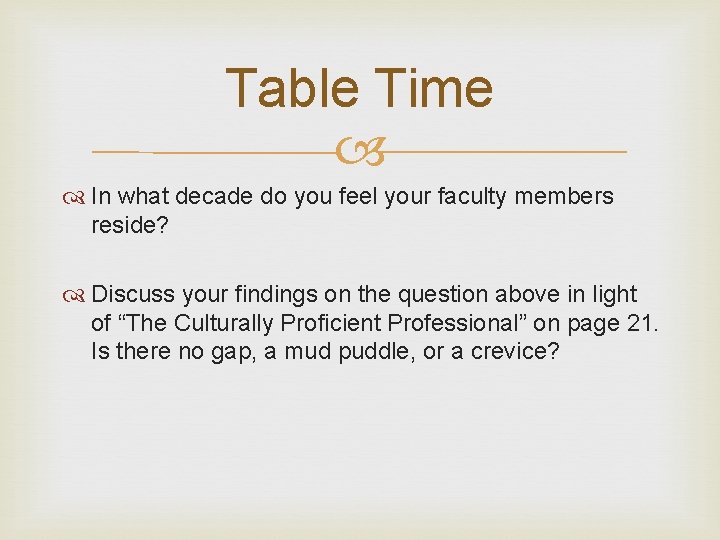 Table Time In what decade do you feel your faculty members reside? Discuss your