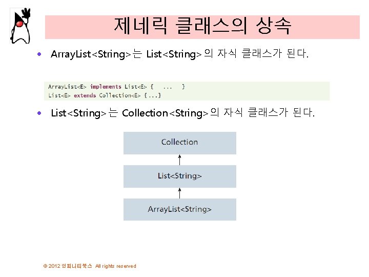 제네릭 클래스의 상속 · Array. List<String>는 List<String>의 자식 클래스가 된다. · List<String>는 Collection<String>의 자식