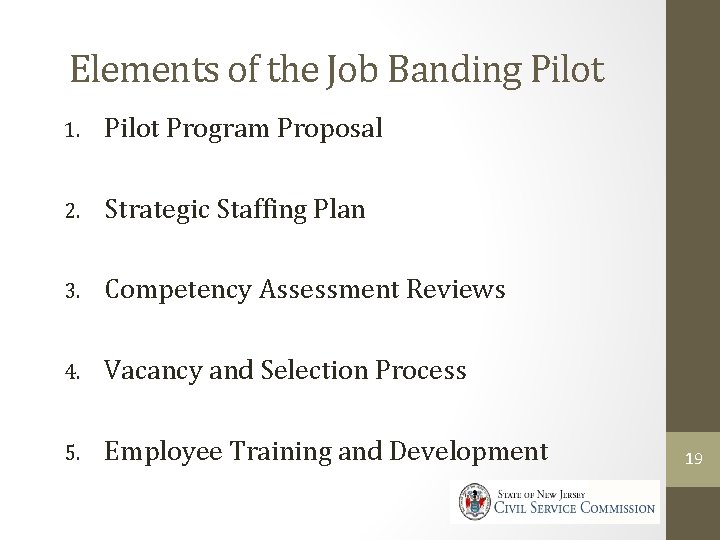 Elements of the Job Banding Pilot 1. Pilot Program Proposal 2. Strategic Staffing Plan