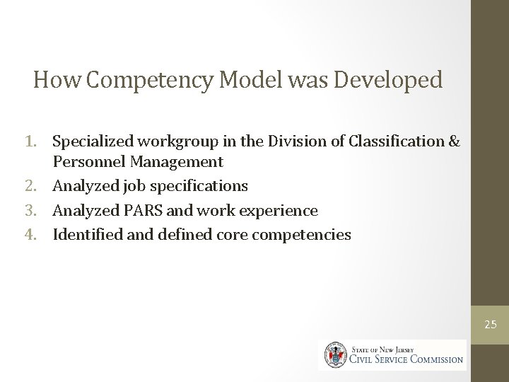 How Competency Model was Developed 1. Specialized workgroup in the Division of Classification &
