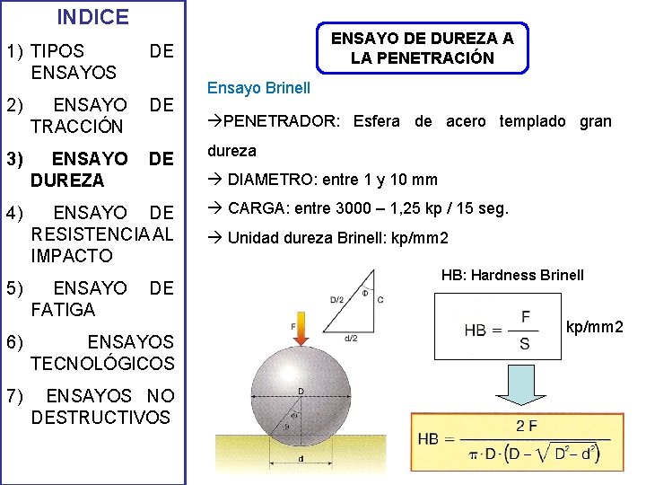 INDICE 1) TIPOS ENSAYOS DE 2) ENSAYO TRACCIÓN DE 3) ENSAYO DUREZA DE 4) INDICE 1) TIPOS ENSAYOS DE 2) ENSAYO TRACCIÓN DE 3) ENSAYO DUREZA DE 4)