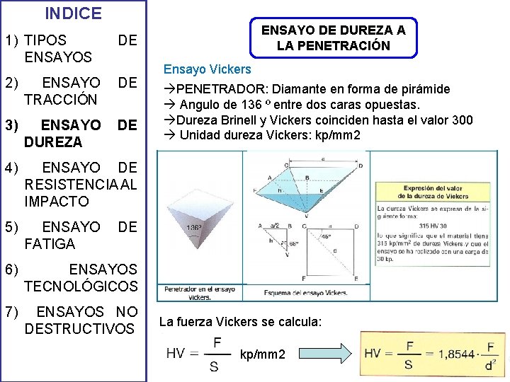 INDICE 1) TIPOS ENSAYOS DE 2) ENSAYO TRACCIÓN DE 3) ENSAYO DUREZA DE 4) INDICE 1) TIPOS ENSAYOS DE 2) ENSAYO TRACCIÓN DE 3) ENSAYO DUREZA DE 4)