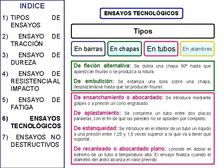 INDICE 1) TIPOS ENSAYOS DE 2) ENSAYO TRACCIÓN DE ENSAYO DUREZA DE 3) 4) INDICE 1) TIPOS ENSAYOS DE 2) ENSAYO TRACCIÓN DE ENSAYO DUREZA DE 3) 4)
