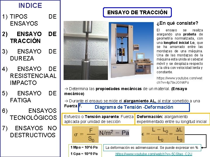 INDICE 1) TIPOS ENSAYOS ¿En qué consiste? 2) ENSAYO TRACCIÓN DE 3) ENSAYO DUREZA INDICE 1) TIPOS ENSAYOS ¿En qué consiste? 2) ENSAYO TRACCIÓN DE 3) ENSAYO DUREZA