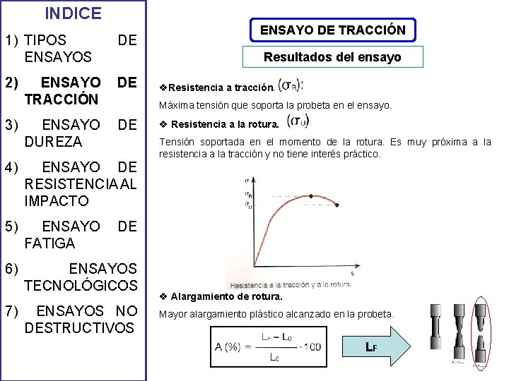 INDICE 1) TIPOS ENSAYOS DE 2) ENSAYO TRACCIÓN DE ENSAYO DUREZA DE 3) Resultados INDICE 1) TIPOS ENSAYOS DE 2) ENSAYO TRACCIÓN DE ENSAYO DUREZA DE 3) Resultados