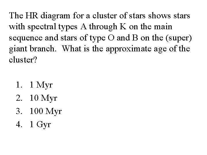 The HR diagram for a cluster of stars shows stars with spectral types A