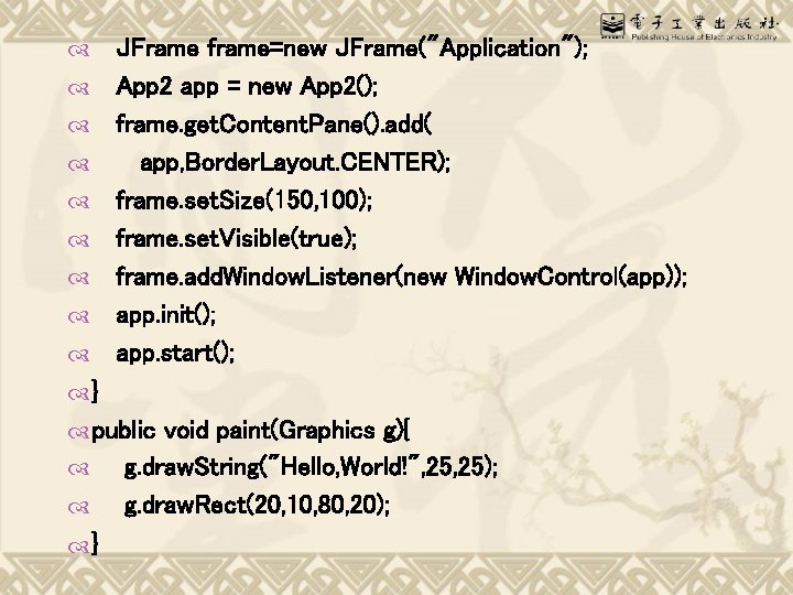  JFrame frame=new JFrame("Application"); App 2 app = new App 2(); frame. get. Content.