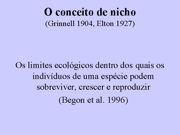 O conceito de nicho (Grinnell 1904, Elton 1927) Os limites ecológicos dentro dos quais