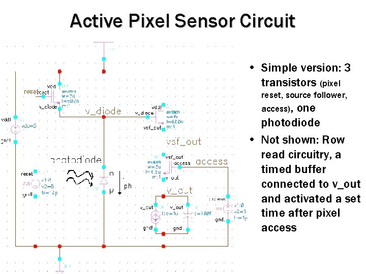Active Pixel Sensor Circuit • Simple version: 3 transistors (pixel reset, source follower, access), Active Pixel Sensor Circuit • Simple version: 3 transistors (pixel reset, source follower, access),