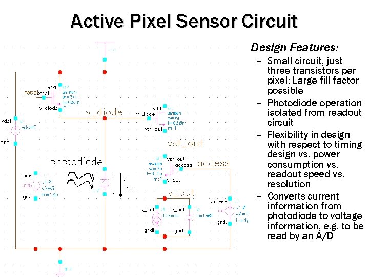 Active Pixel Sensor Circuit • Design Features: – Small circuit, just three transistors per Active Pixel Sensor Circuit • Design Features: – Small circuit, just three transistors per
