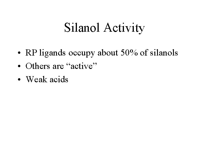 Silanol Activity • RP ligands occupy about 50% of silanols • Others are “active”