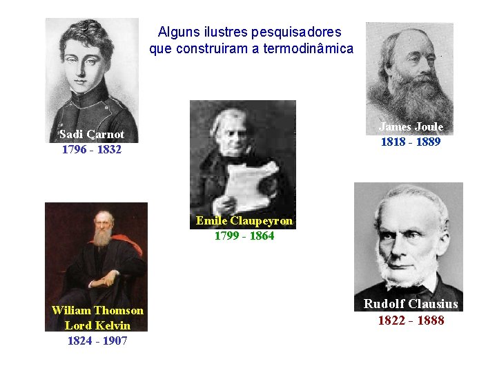 Alguns ilustres pesquisadores que construiram a termodinâmica James Joule 1818 - 1889 Sadi Carnot