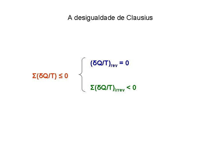 A desigualdade de Clausius (δQ/T)rev = 0 Σ(δQ/T) ≤ 0 Σ(δQ/T)irrev < 0 