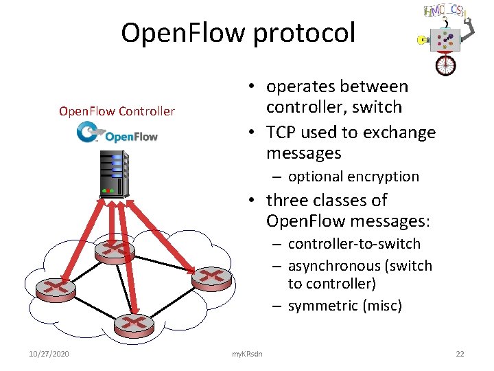 Open. Flow protocol Open. Flow Controller • operates between controller, switch • TCP used