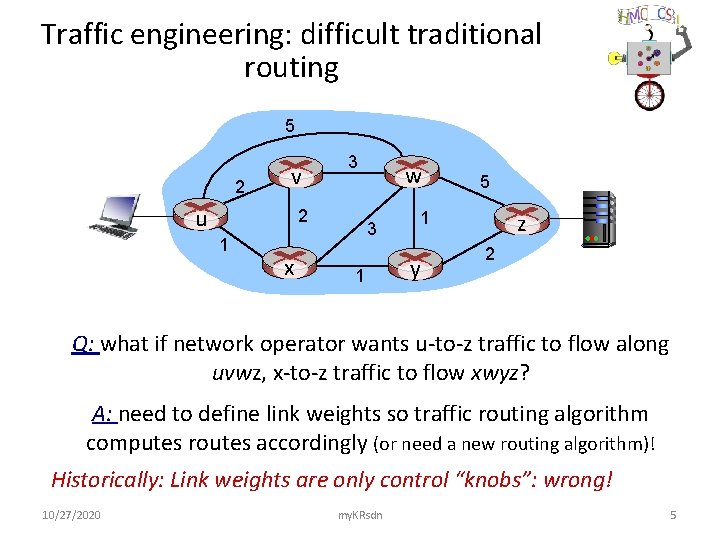 Traffic engineering: difficult traditional routing 5 2 v u 3 2 1 x w